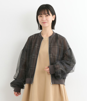 チュール×シアーチェックブルゾン(チャコールチェック-ONESIZE)