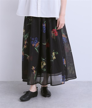 花柄プリントタックフレアスカート(ブラック-ONESIZE)