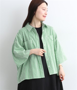 コットンキャンブリックボイル半袖プリントシャツ(グリーン-ONESIZE)