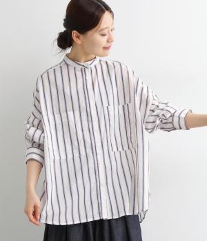 コットンキャンブリックボイルバンドカラーマルチストライプシャツ(ホワイト-ONESIZE)