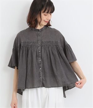 コットンボイルケミカルウォッシュブラウス(ブラック-ONESIZE)