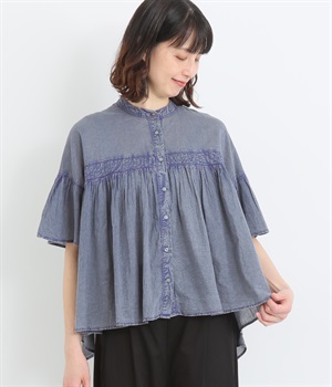 コットンボイルケミカルウォッシュブラウス(ブルー-ONESIZE)