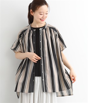 コットンスラブプリントストライプブラウス(ブラック-ONESIZE)