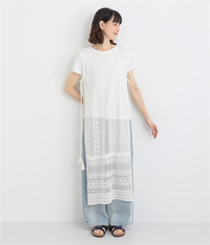 レースレイヤードノースリーブワンピース(オフホワイト-ONESIZE)