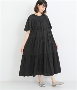 コットンモダールティアード半袖ワンピース(ブラック-ONESIZE)