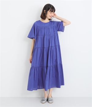 コットンモダールティアード半袖ワンピース(ブルー-ONESIZE)