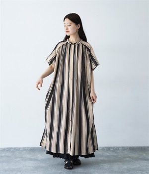 コットンスラブプリントストライプワンピース(ブラック-ONESIZE)