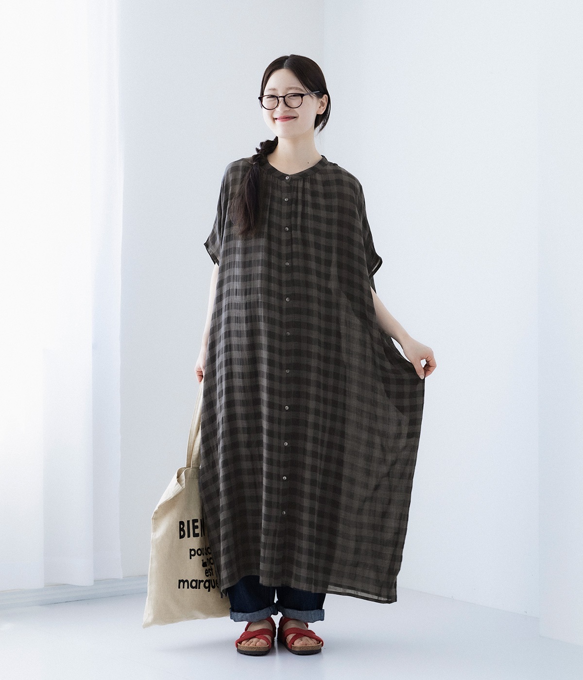 レーヨンコットンチェックワイドワンピース(チャコール-ONESIZE)
