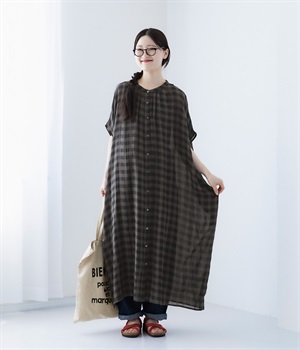 レーヨンコットンチェックワイドワンピース(チャコール-ONESIZE)
