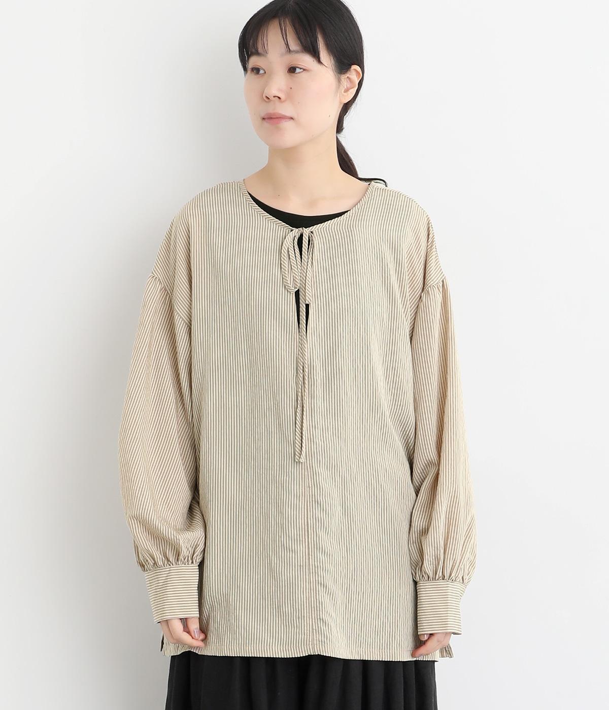 ストライプ2wayキーネックブラウス(オフベージュ-F)