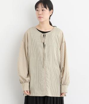 ストライプ2wayキーネックブラウス(オフベージュ-F)