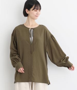 ストライプ2wayキーネックブラウス(チャコール-F)