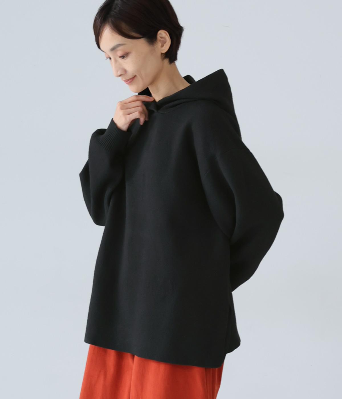 杢ニットダブルジャカードフードプルオーバー(ブラック-F)