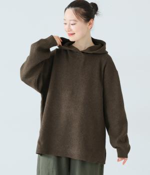 杢ニットダブルジャカードフードプルオーバー(ミックスブラウン-F)