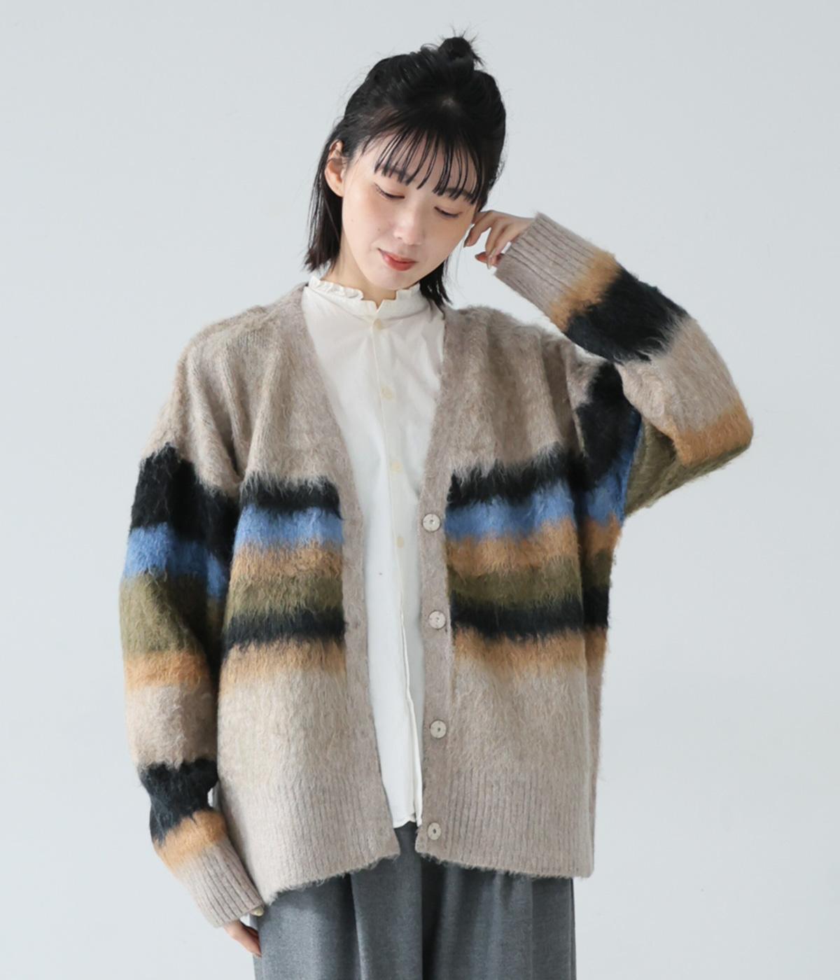 起毛シャギーボーダーニットカーディガン(ベージュ系-F)