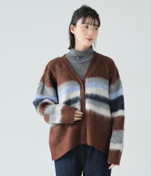起毛シャギーボーダーニットカーディガン(ブラウン系-F)