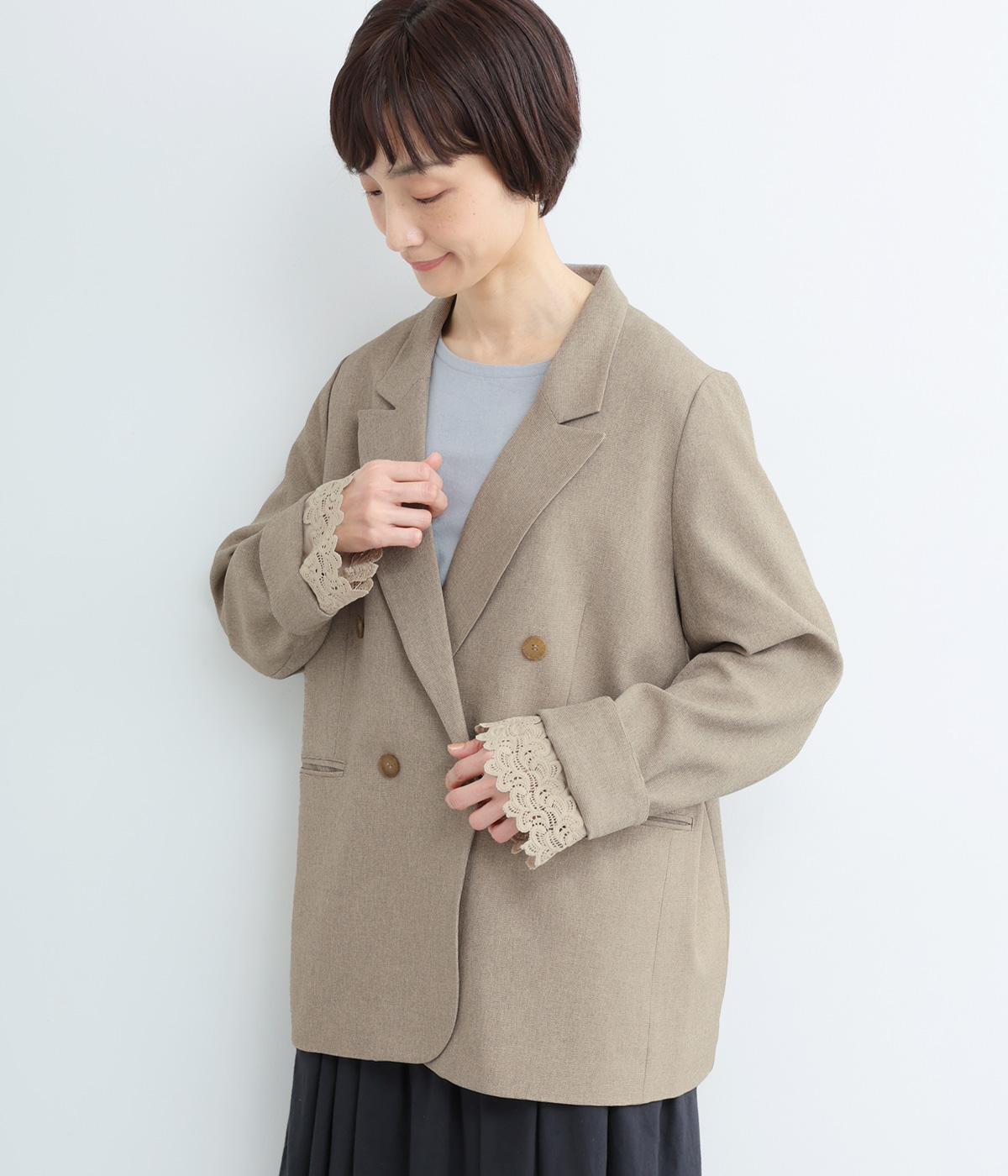 ストレッチ杢ポリエステル袖レースダブルジャケット(ミックスベージュ-F)