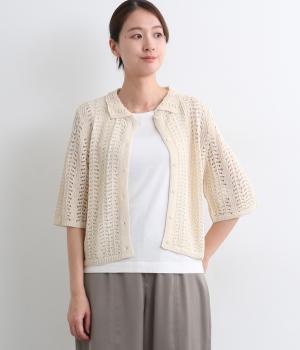 リネンタッチ　MIXカラー透かし編みニットシャツ(オフベージュ系-F)