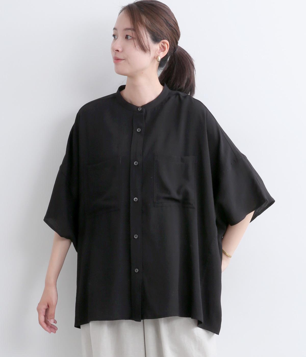 リネンレーヨン　ドルマンオーバーシャツ(ブラック-F)