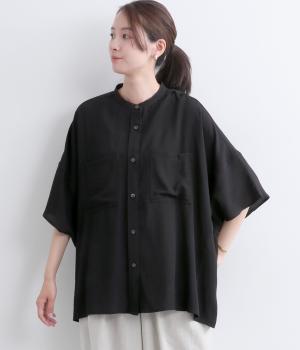 リネンレーヨン　ドルマンオーバーシャツ(ブラック-F)