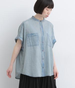 コットンボイスアシッドウォッシュ半袖シャツ(ブルー-F)