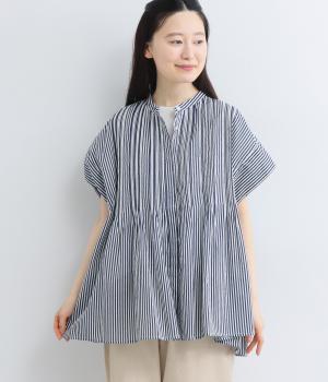キャンブリックボイル前開きピンタックチュニック(ネイビーストライプ-F)