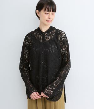 メッシュ×柄レースフーディカーディガン(ブラック-F)