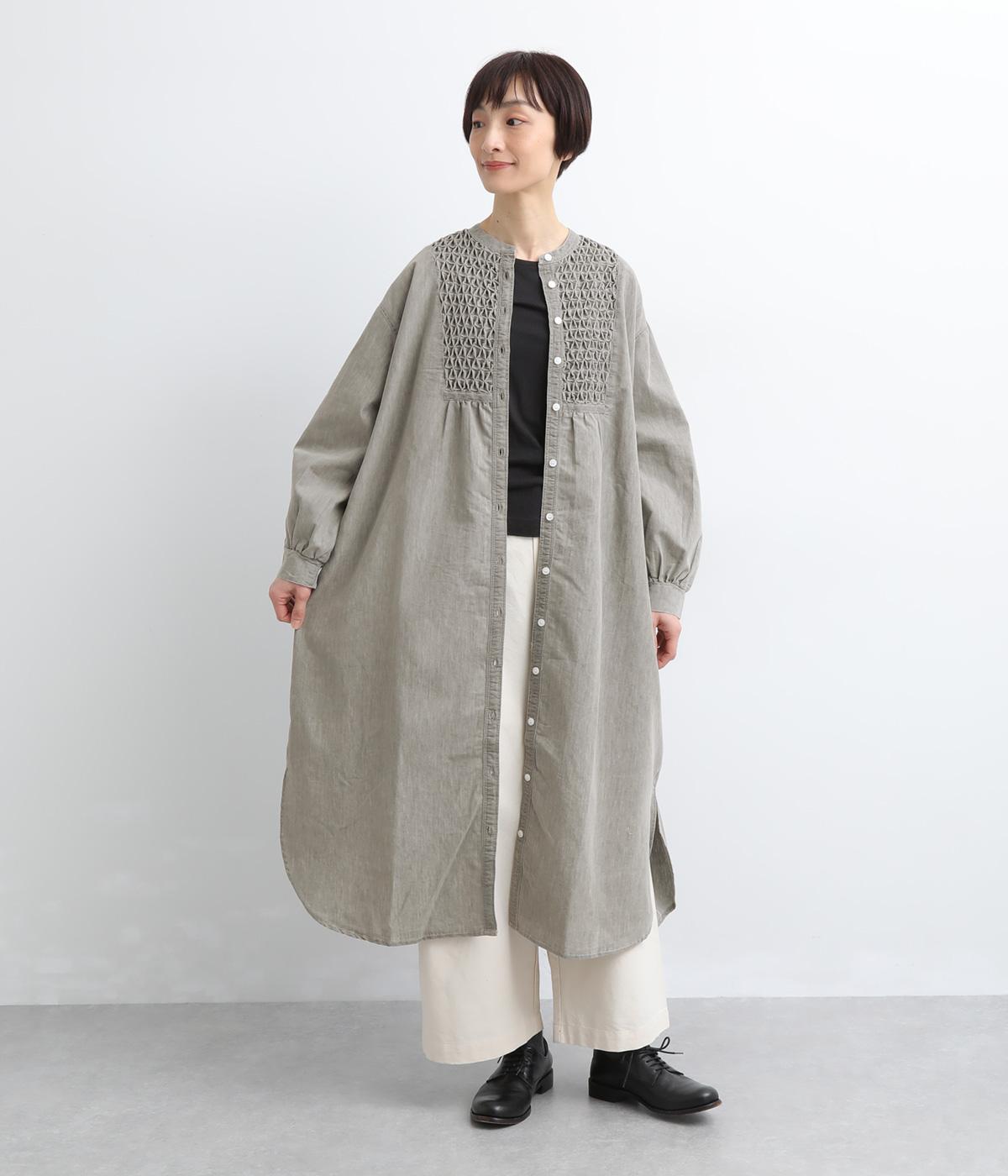 5.5ozデニムスモッキングデニム長袖ワンピース(グレー-F)