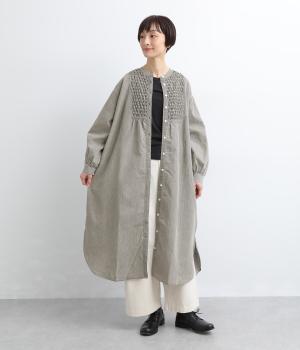 5.5ozデニムスモッキングデニム長袖ワンピース(グレー-F)