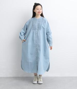 5.5ozデニムスモッキングデニム長袖ワンピース(ブリーチ-F)
