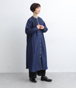 5.5ozデニムスモッキングデニム長袖ワンピース(ネイビー-F)