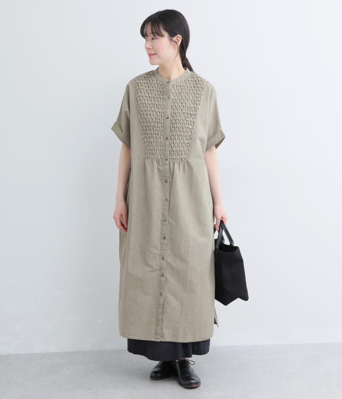 5.5ozデニムスモッキングデニム半袖ワンピース(グレー-F)