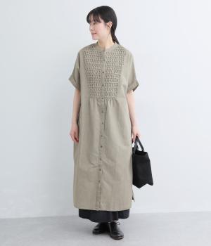 5.5ozデニムスモッキングデニム半袖ワンピース(グレー-F)