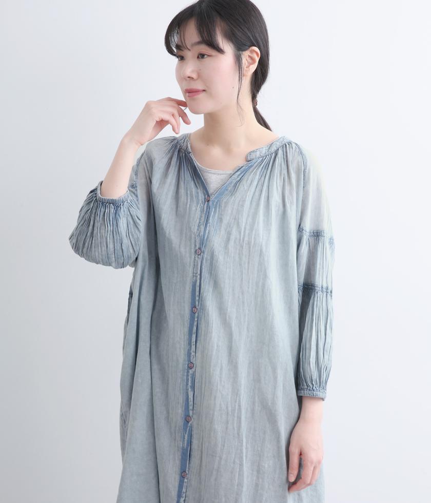 コットンボイスアシッドウォッシュギャザー7分袖ワンピース