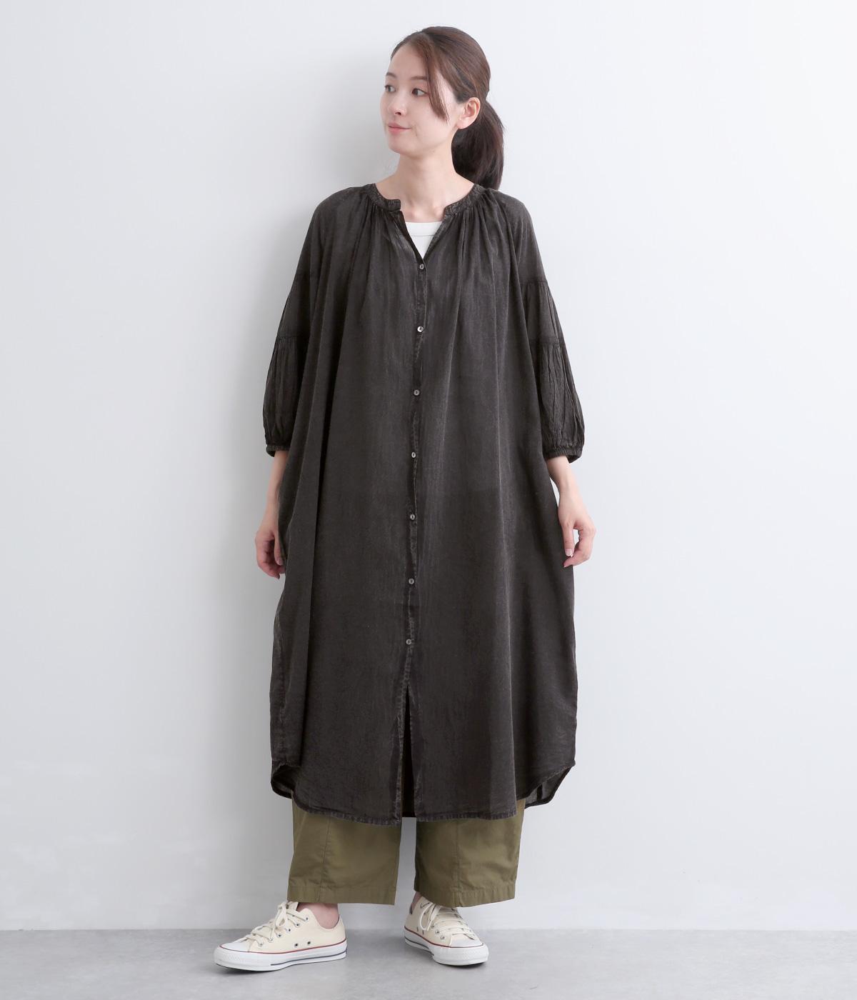 コットンボイスアシッドウォッシュギャザー7分袖ワンピース(ブラック-F)
