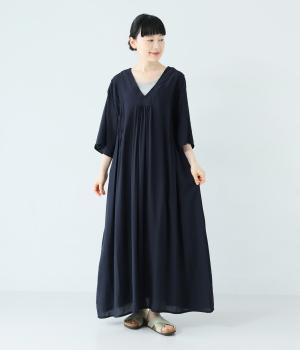 ナイロンビスコース7分袖ピンタックワンピース(ネイビー-F)
