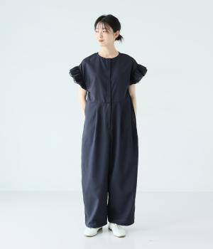 リネンライクフリル袖オールインワン(ネイビー-F)