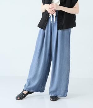 テンセルデニム裾タブワイドパンツ(ブルー-F)