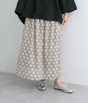 インディアブロックプリント　スカート(ベージュ-ONESIZE)