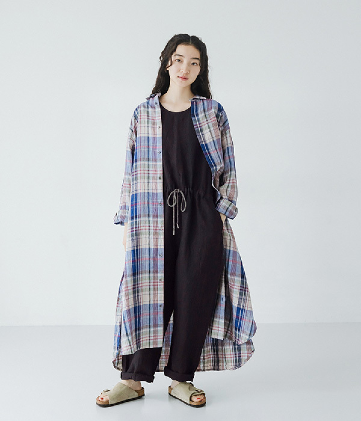 リネンチェックシャツドレス(ネイビー-ONESIZE)