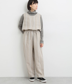 リネンドビーストライプスリーブレスジャンプスーツ(ナチュラル-ONESIZE)