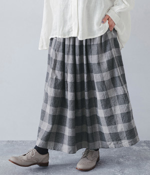コットンヤクウールブロックチェックフランネルスカート(グレー-ONESIZE)