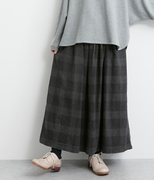 コットンヤクウールブロックチェックフランネルスカート(チャコール-ONESIZE)