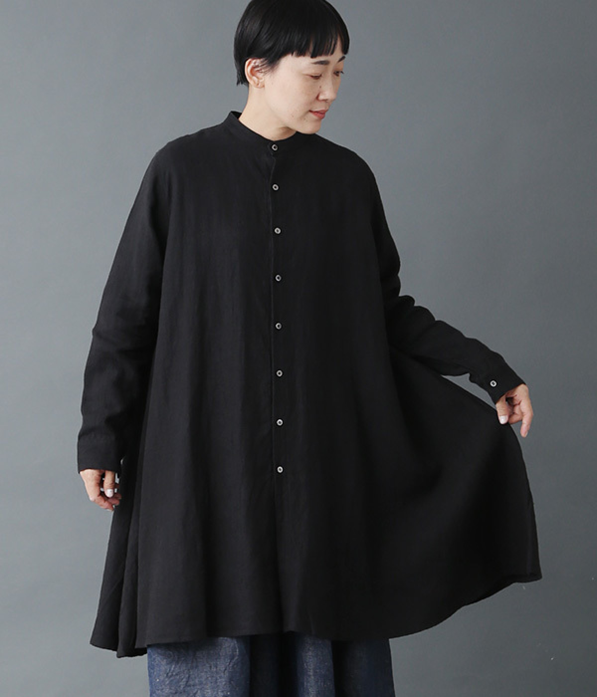 リネンキャンバスロングシャツ(ブラック-ONESIZE)