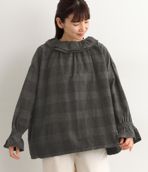 コットンヤクウールブロックチェックフランネル2WAYブラウス