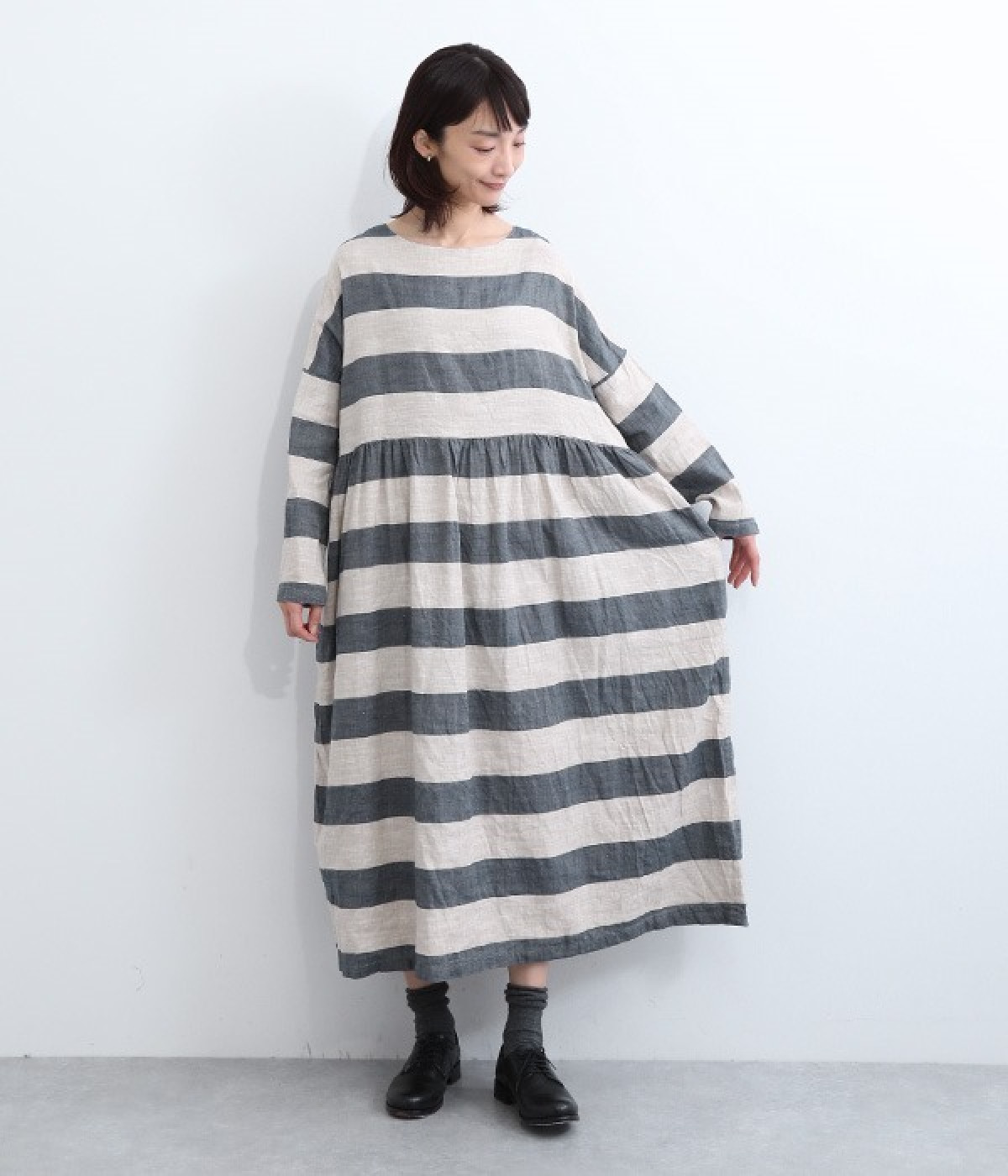 リネンコットンスラブボーダードレス(ネイビー-ONESIZE)