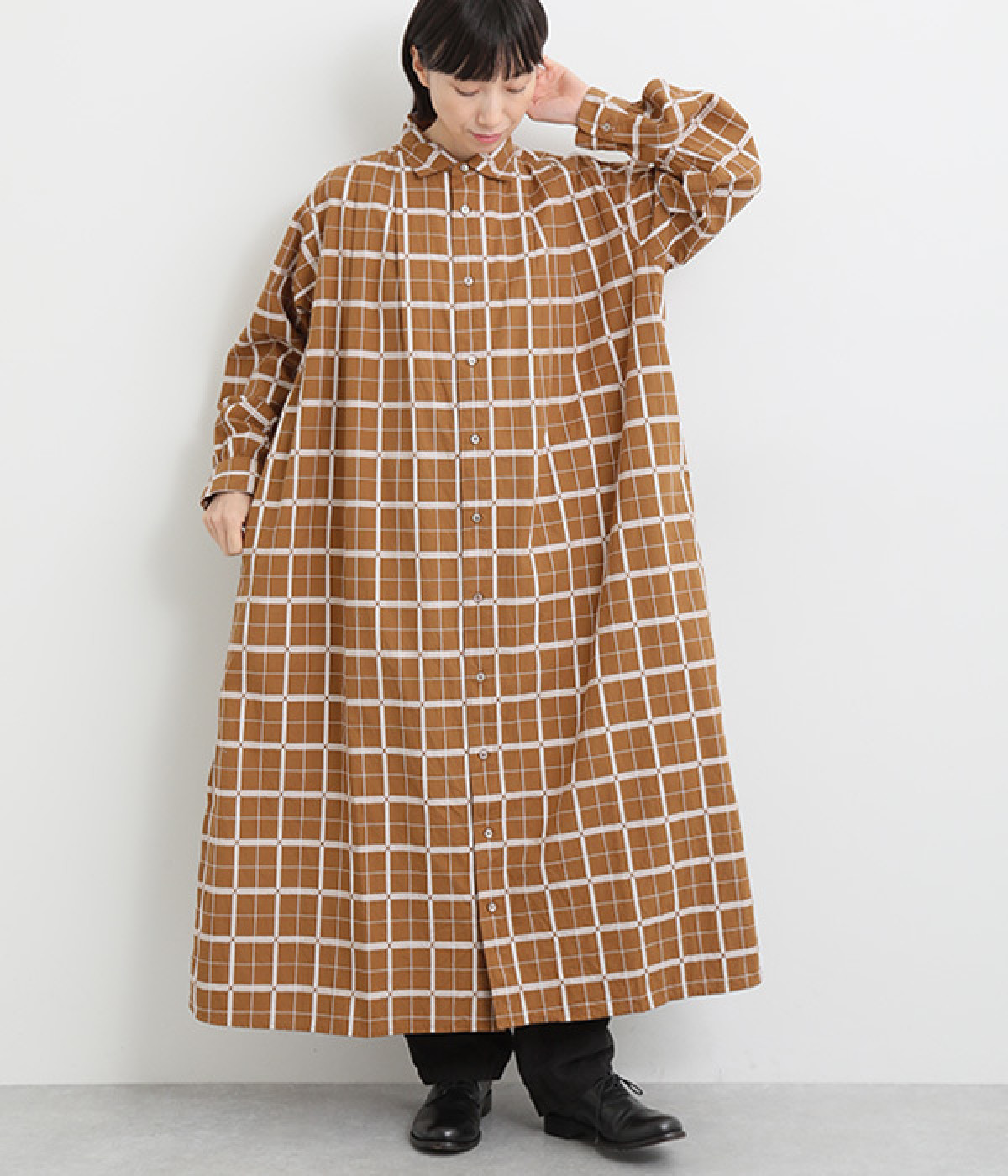 コットンドビーチェックワンピース(ブラウン-ONESIZE)