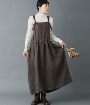 リネンキャンバスエプロンワンピース(ダークブラウン-ONESIZE)