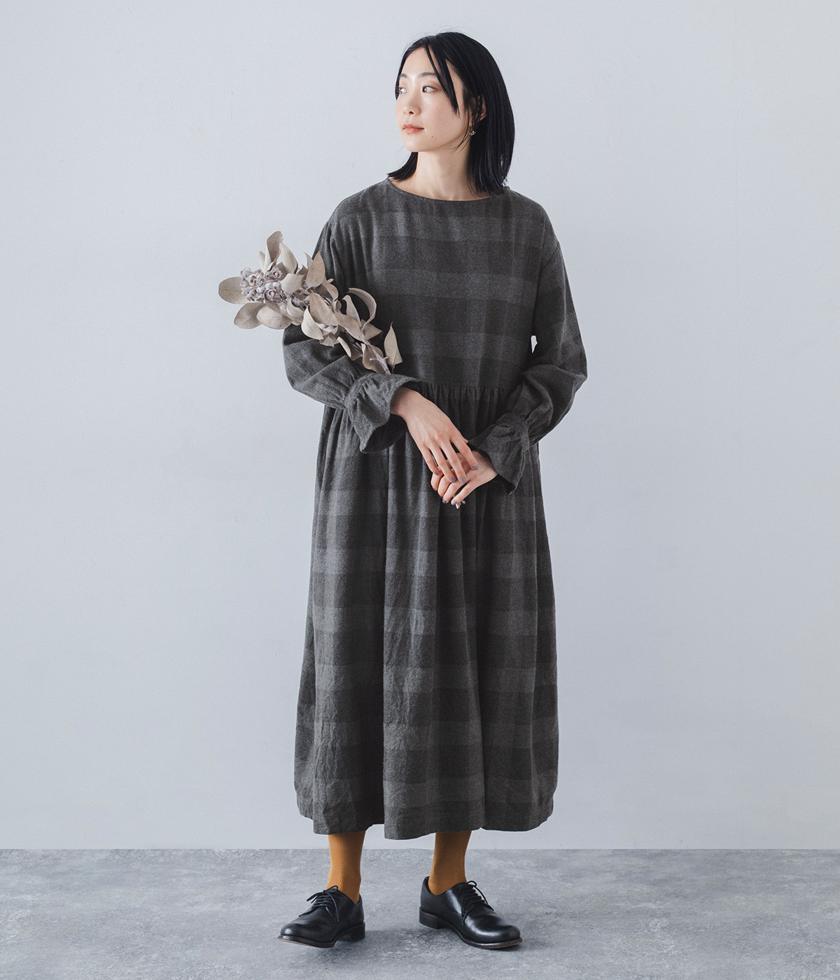 コットンヤクウールブロックチェックフランネルドレス(チャコール-ONESIZE)