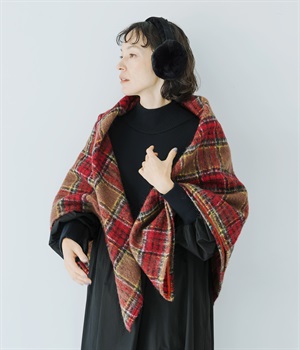 タータンウールシャギーストール(モカ×レッド-ONESIZE)